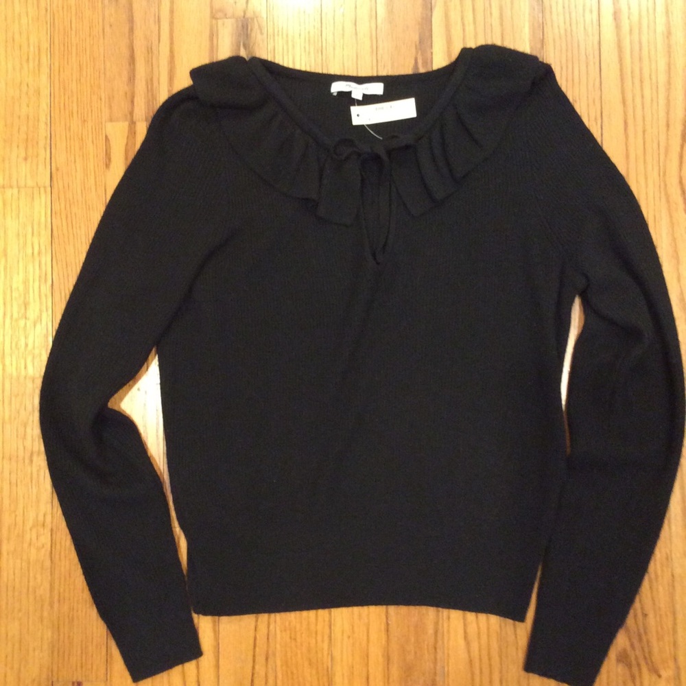 NWT Madewell BLACK  Tie-Neck Ruffle Pullover Sweater Collar Knit Top
